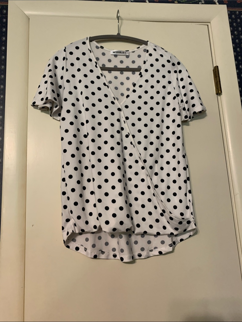 Doublju White and Black Polka Dot Short Sleeve Surplice Top